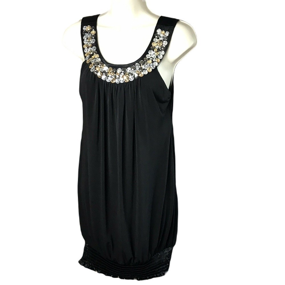 My Michelle Classy Shirt Blouse ~ Sz S ~ Black ~ Long ~ Sleeveless ~ Beads